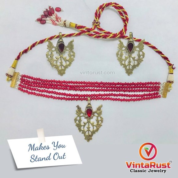 Valentine Special Sale, Beaded Jewelry Set, Beads With Brass Motif Jewelry Set, - Picture 3 of 7